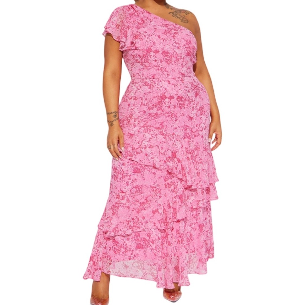 NWT Fashion Nova Roses Are Red Chiffon Maxi Dress Fuchsia Pink Floral Size 3X